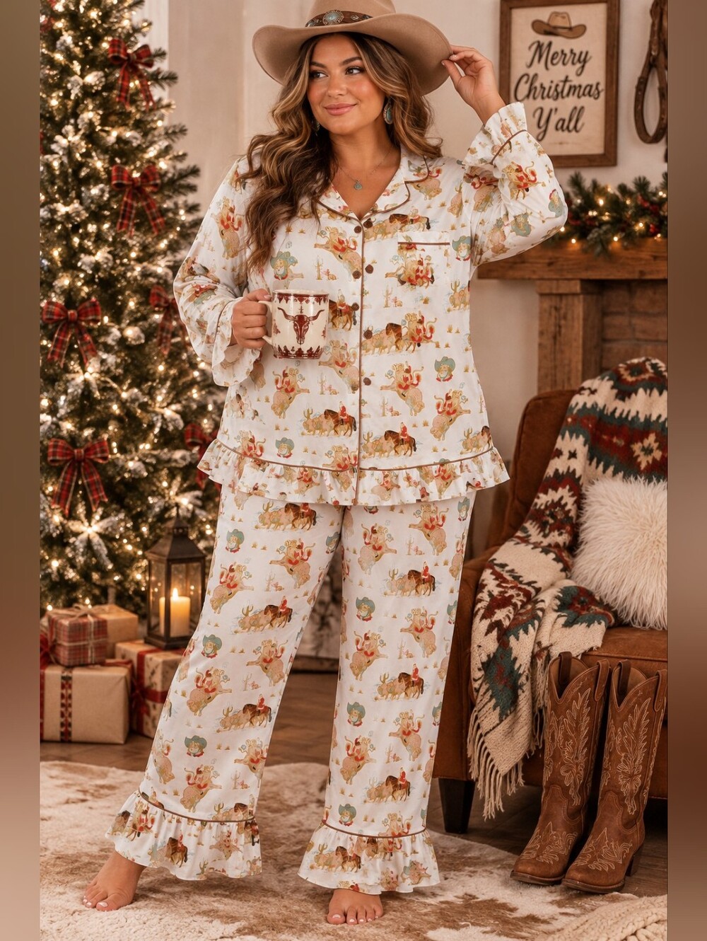 Western Santa Christmas Pajama Set Medium Cowboy Santa Buffalo Rodeo Holiday